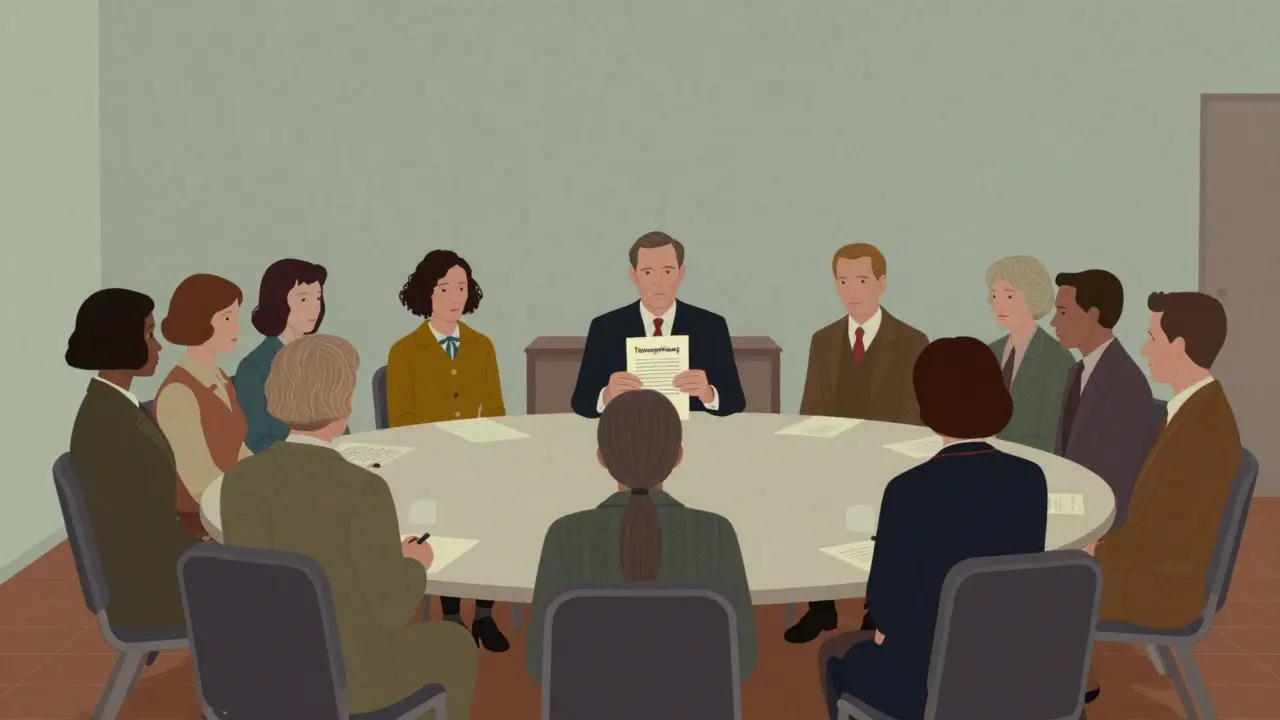 Besitzerverammlung um einen Tisch im Wes Anderson Stil