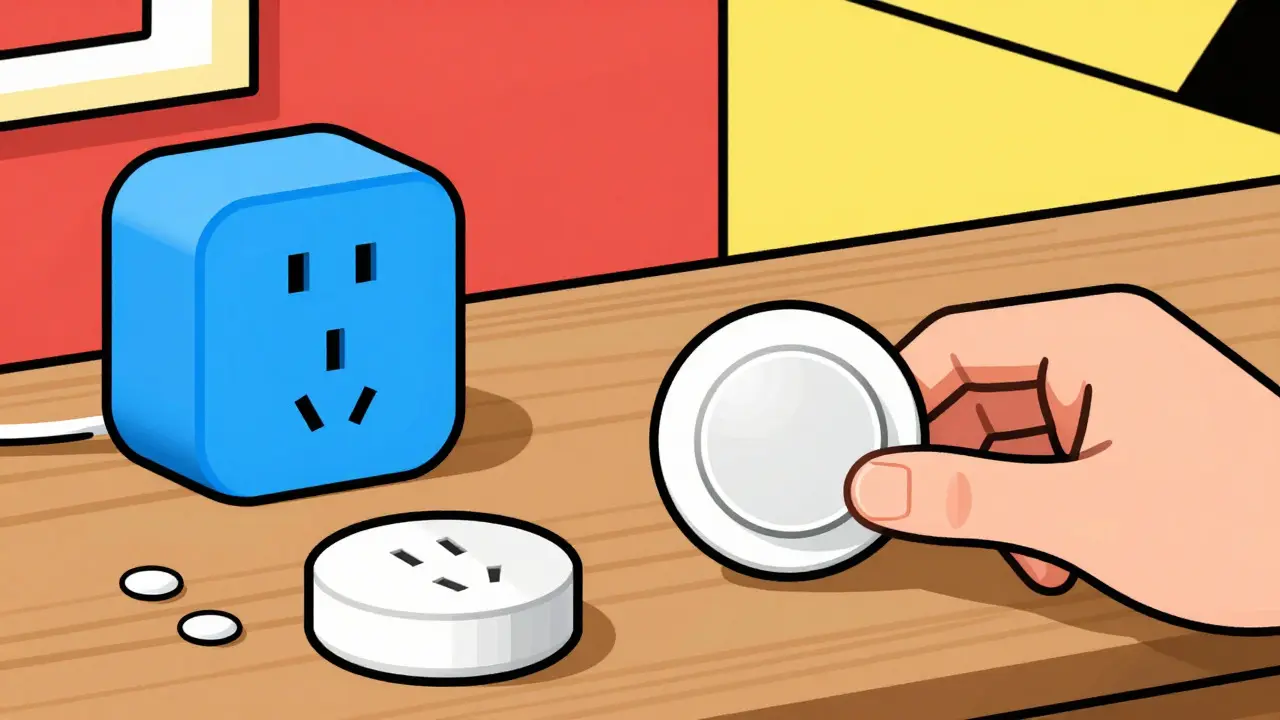 Bunte Smart-Home-Geräte auf einem Tisch im Retro-Stil