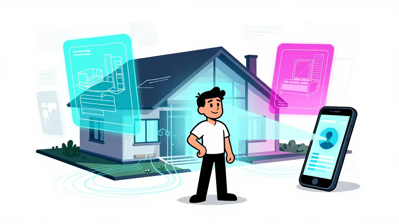 Cartoon showing a house with augmented reality overlays and mobile connectivity