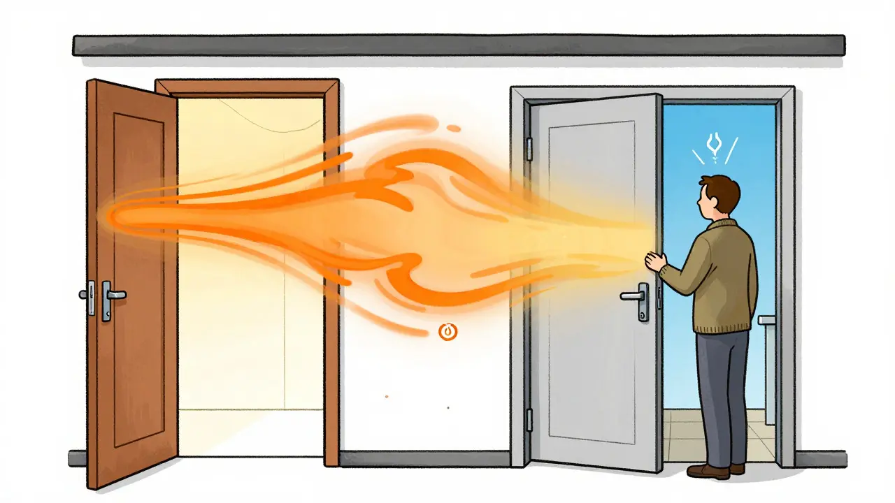 Cartoon showing heat loss from a manual door versus an efficient automatic one