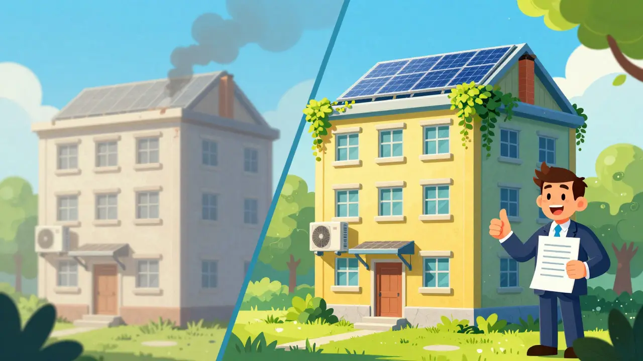Cartoon showing renovation of a building with solar panels and heat pumps