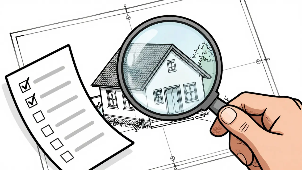 Cartoon style image of a magnifying glass inspecting a house blueprint for quality