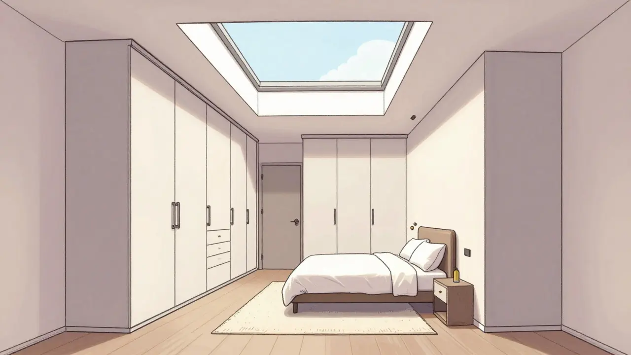 Cartoon view of a compact bedroom with high storage units and a skylight