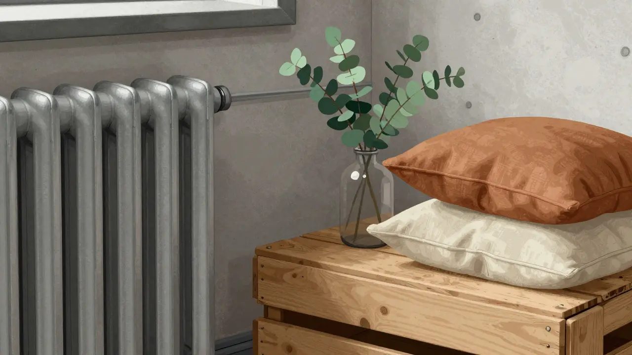 Close-up cartoon of concrete, metal, wood, and plants showing material textures