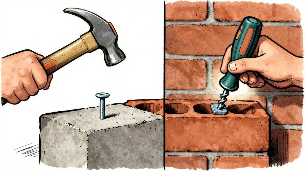 Comparison of hammer-driven and screw-in anchors in a brick wall cross-section