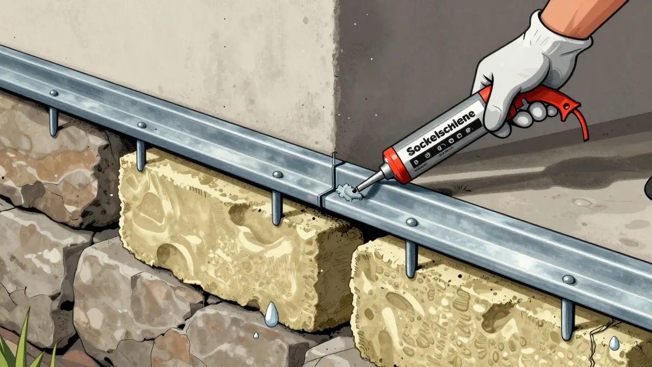 Cross-section of a base rail installation with sealant applied to prevent water damage
