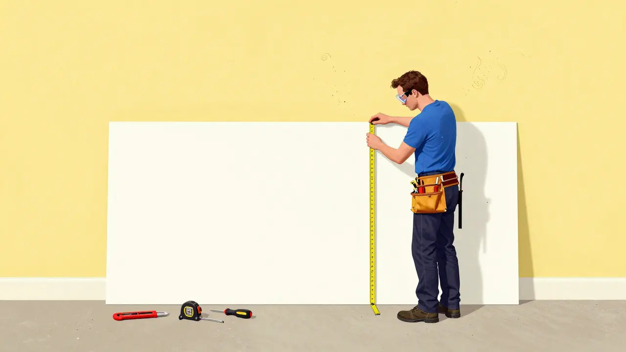 DIY-Bastler misst genau eine Platte vor einer gelben Wand, Werkzeuge ordentlich daneben.
