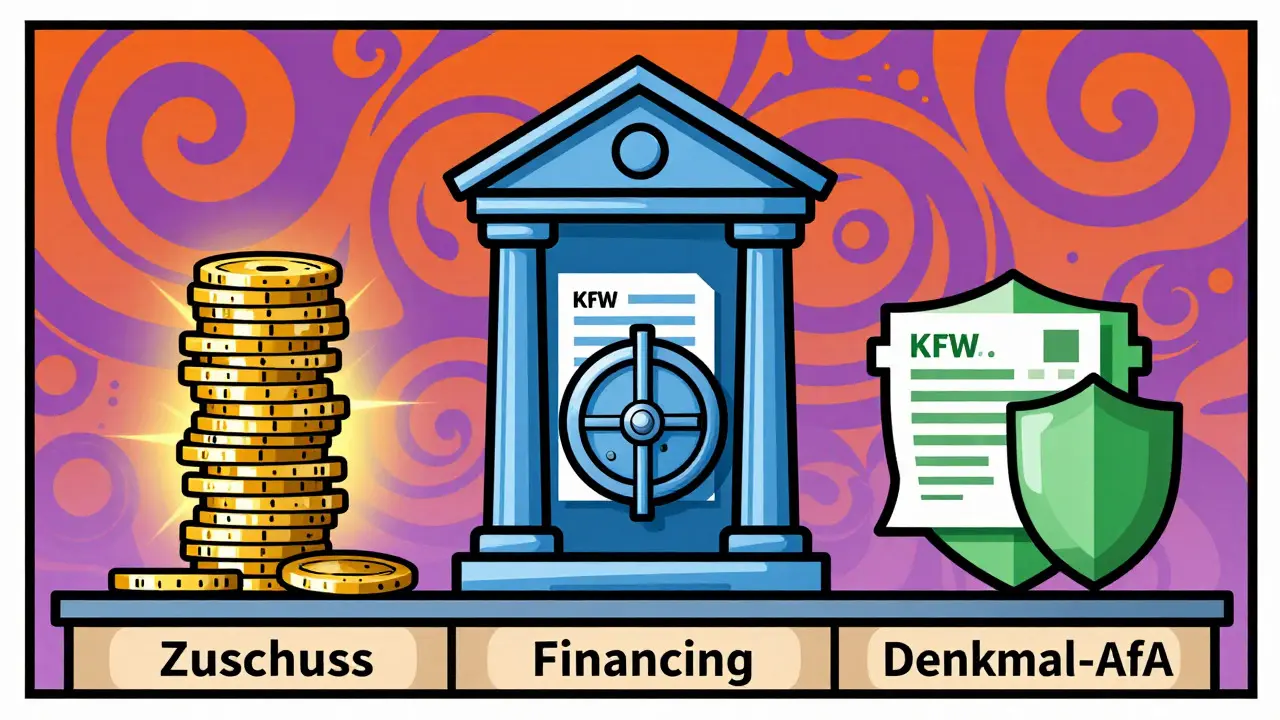 Drei Säulen der Finanzierung: Zuschüsse, Kredite und Steuervorteile im Wes Wilson-Stil.