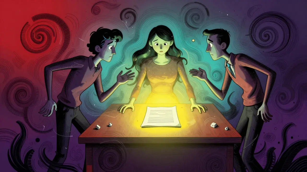 Familie am Tisch mit Dokumenten im psychedelischen Cartoon-Stil