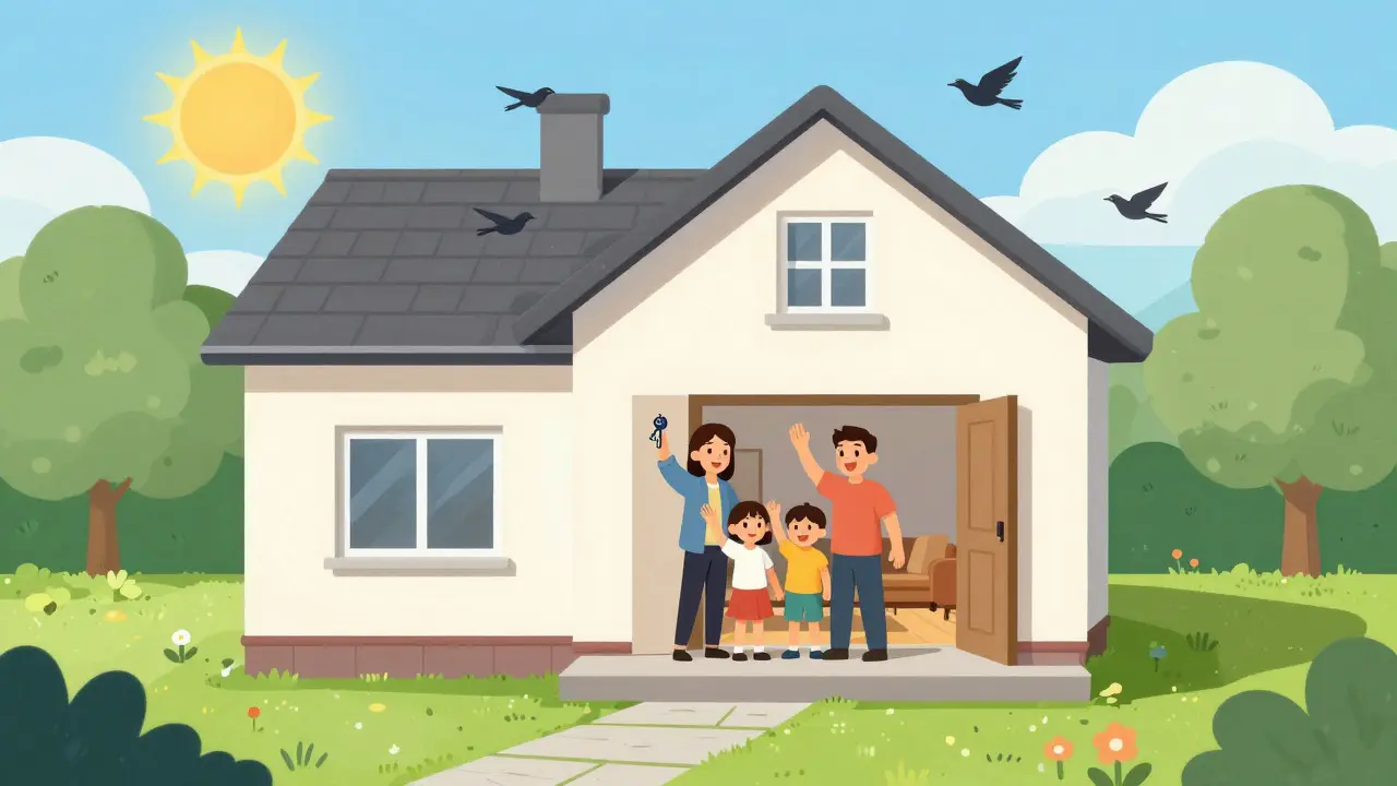 Happy family standing in front of their completed home with a garden