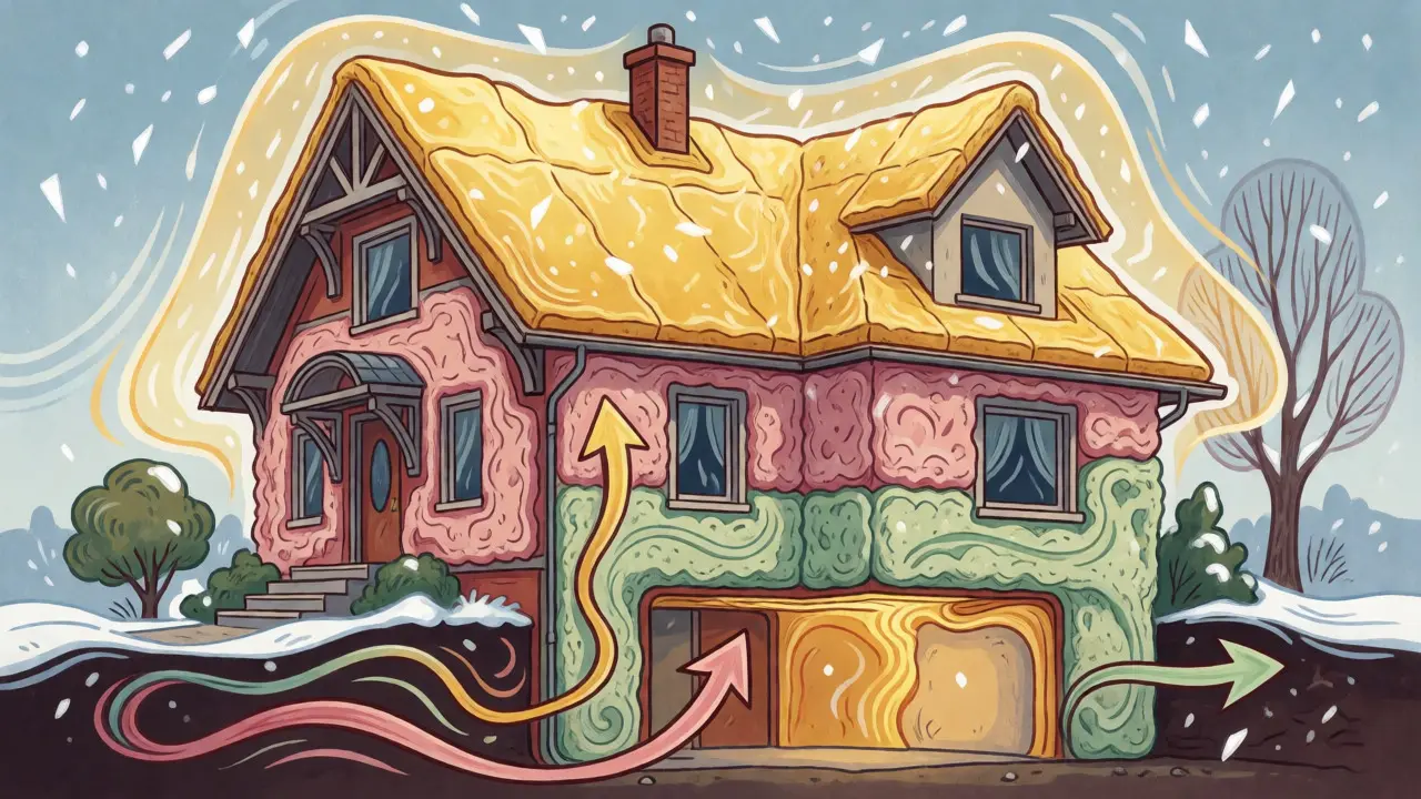 Illustration einer Hausdämmung mit Fokus auf Dach und Fassade