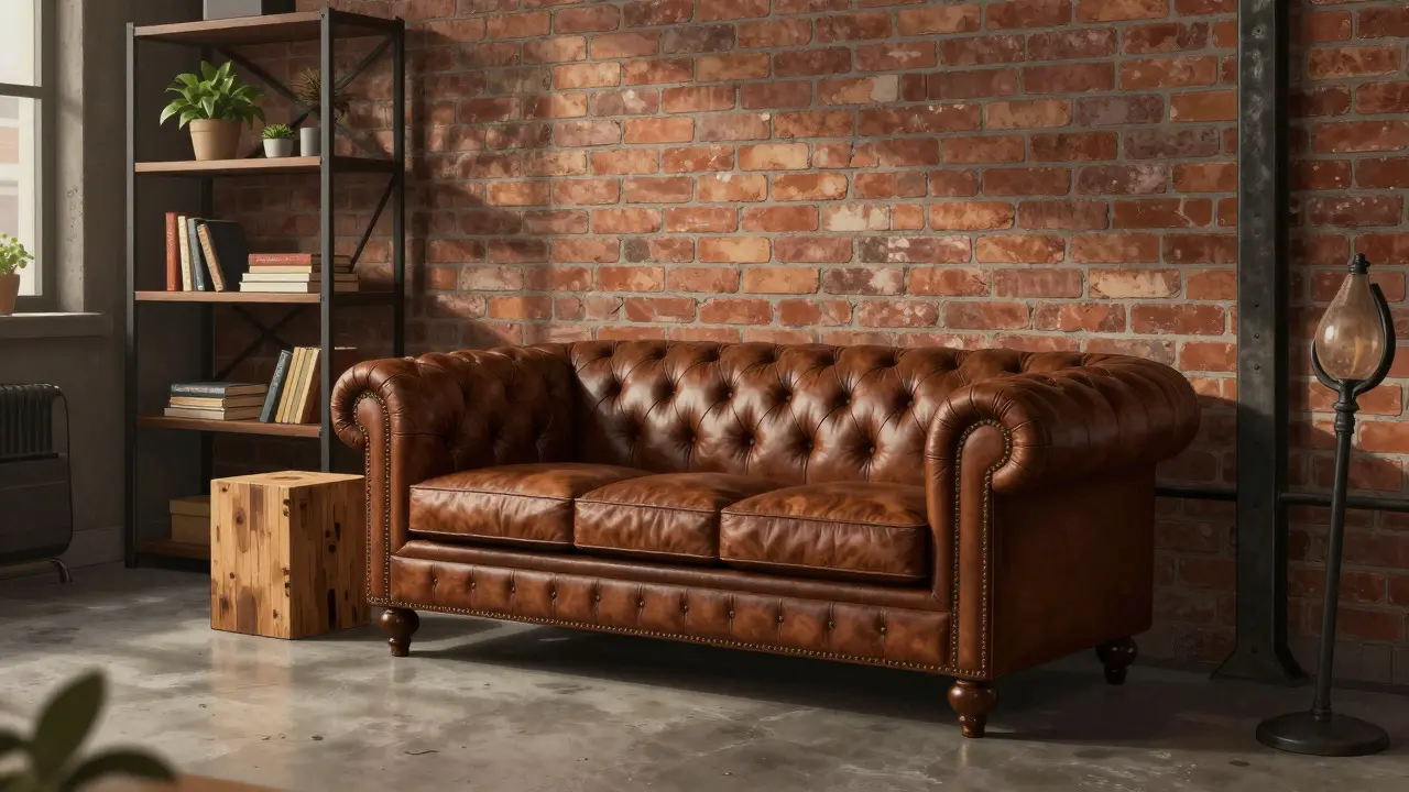 Illustration of a leather sofa and metal shelves in a cozy industrial loft setting