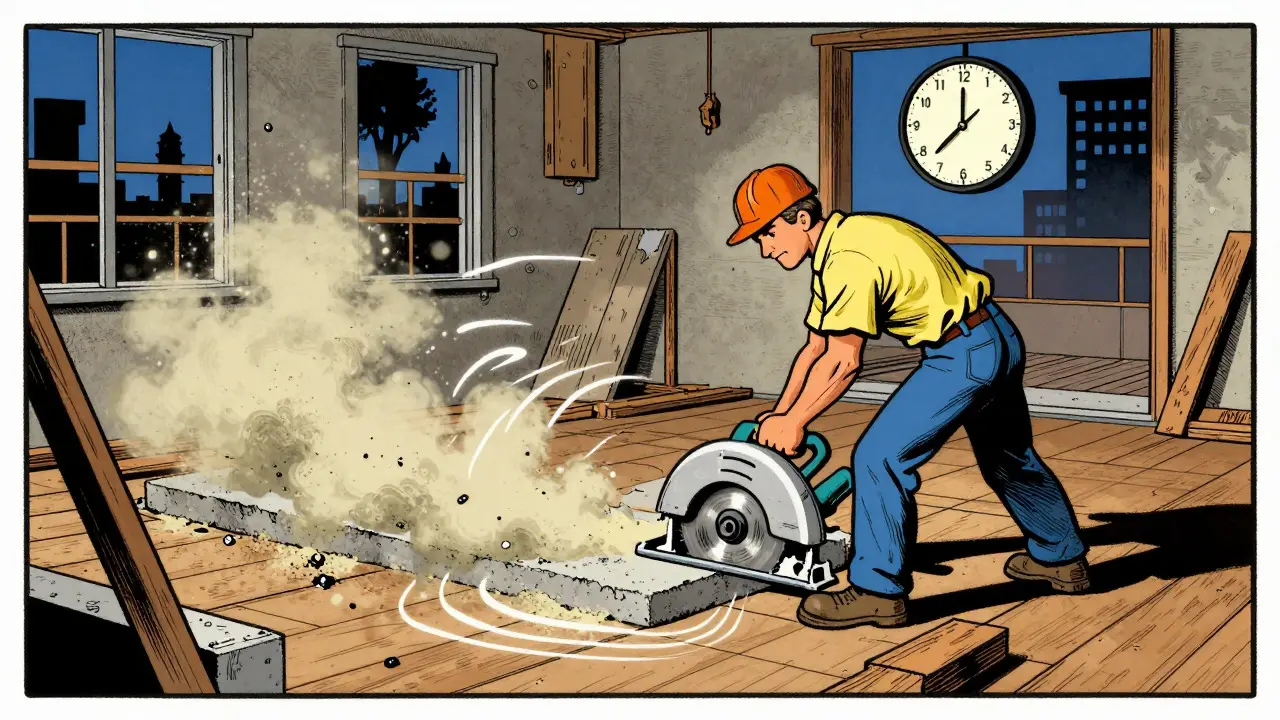 Illustration of a worker using a saw with visible sound waves and dust