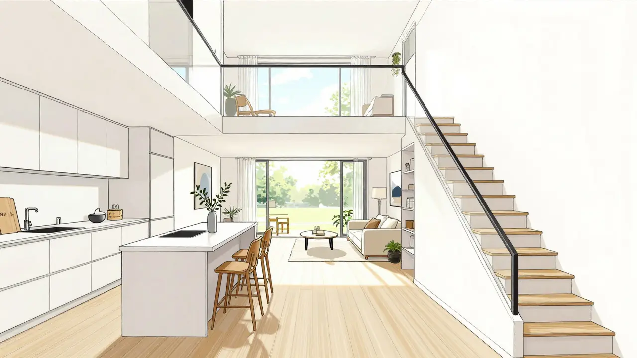 Illustration of an open-plan interior with large windows and a straight staircase