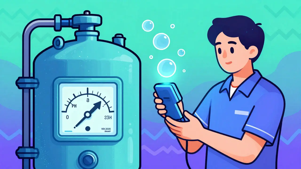 Illustration: Techniker prüft Wasserqualität nach VDI 2035 Standard