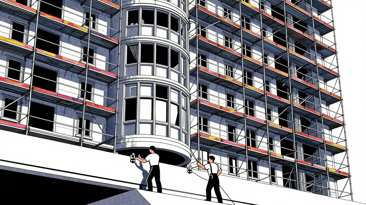 Komplexes Gerüst an einer Fassade mit Erkern und Hanglage