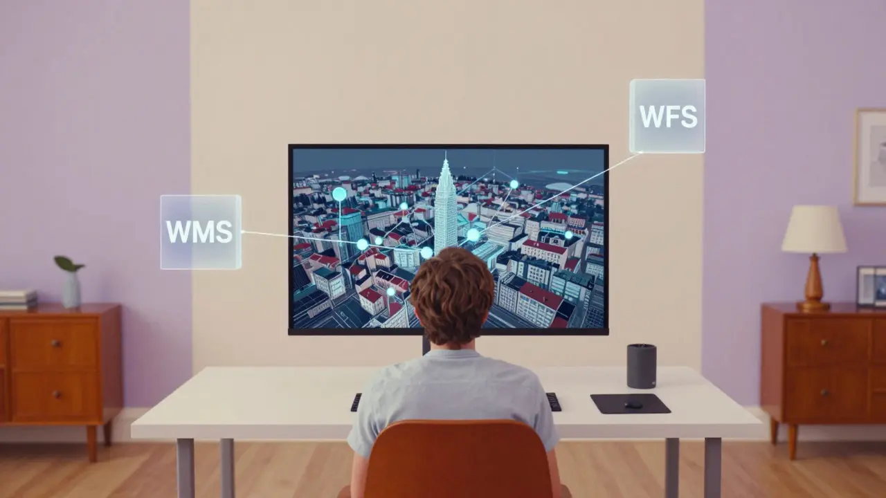 Person analysiert digitales Stadtmodell mit Datenverbindungen am Monitor