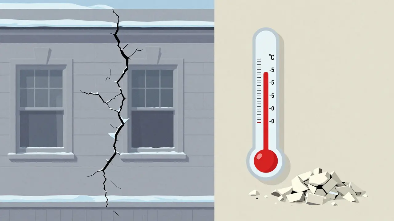 Rissige Fassade und Thermometer zeigen Frostschäden