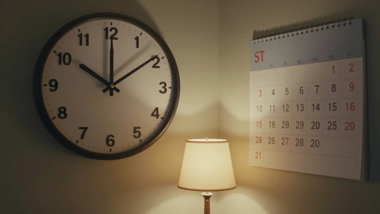 Schlafzimmer mit großer Uhr und Kalender zur zeitlichen Orientierung
