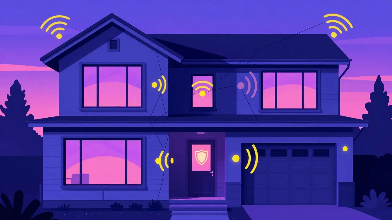 Sicheres Haus mit sichtbaren WLAN-Verbindungen bei Dämmerung