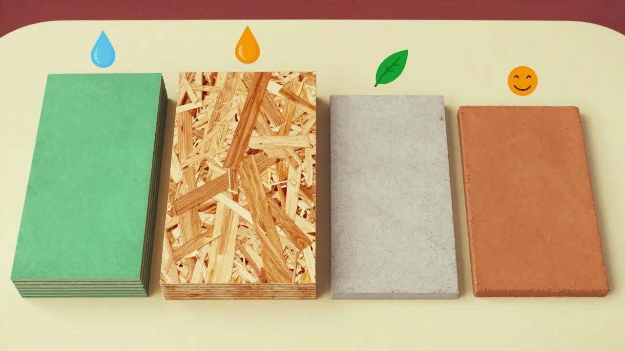 Übersicht verschiedener Bauplatten wie Gipskarton und OSB auf einem Tisch im Wes-Anderson-Stil.