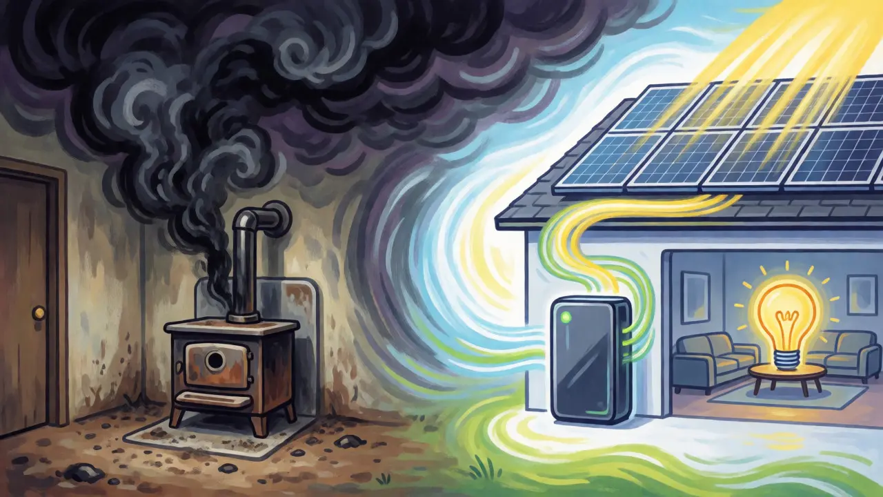 Vergleich zwischen holzbeheiztem Kamin und moderner Solaranlage