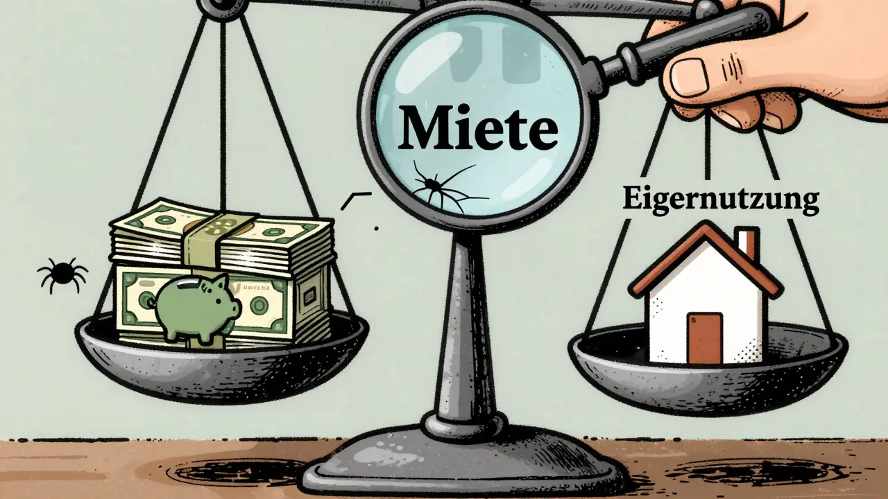 Waage mit Geld und Haus, die versteckte Kosten bei der Miete zeigt