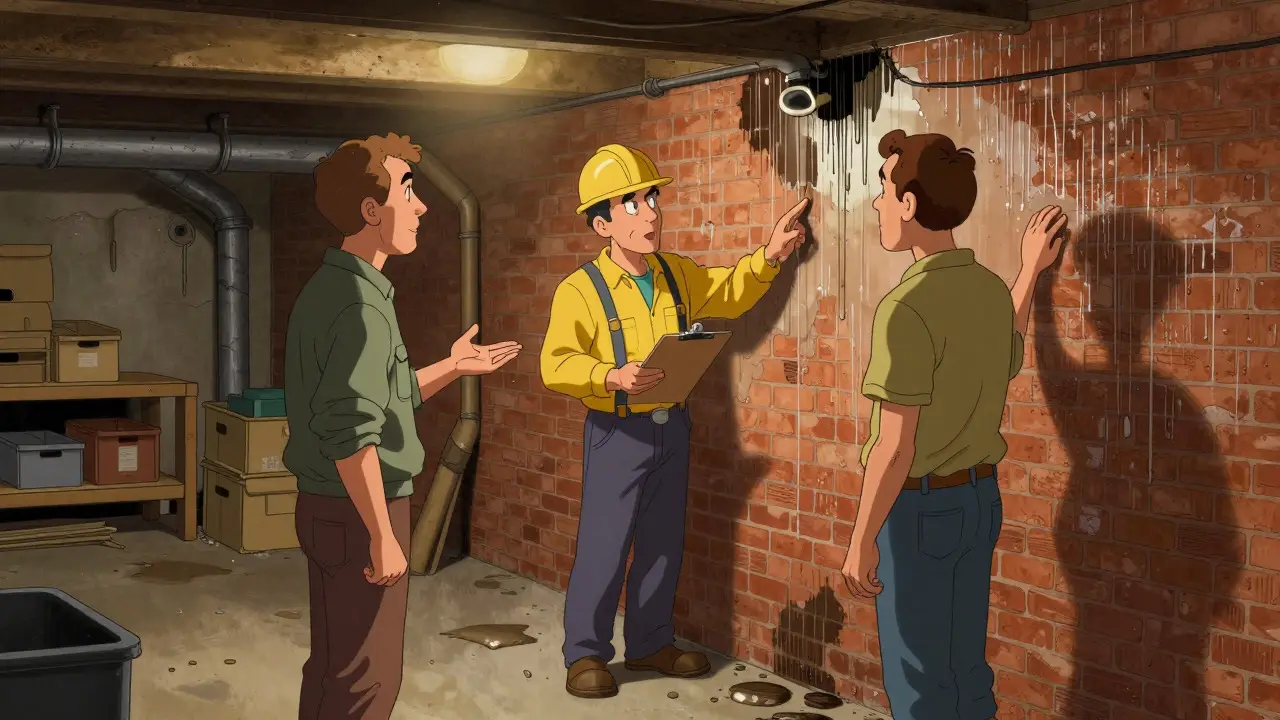 Zwei Nachbarn besprechen gemeinsam mit einem Experten das Feuchtigkeitsproblem im Keller