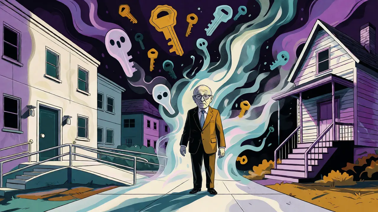 Abstrakte Darstellung des Silver Tsunamis und altersgerechtem Wohnen in Cartoon-Illustration.