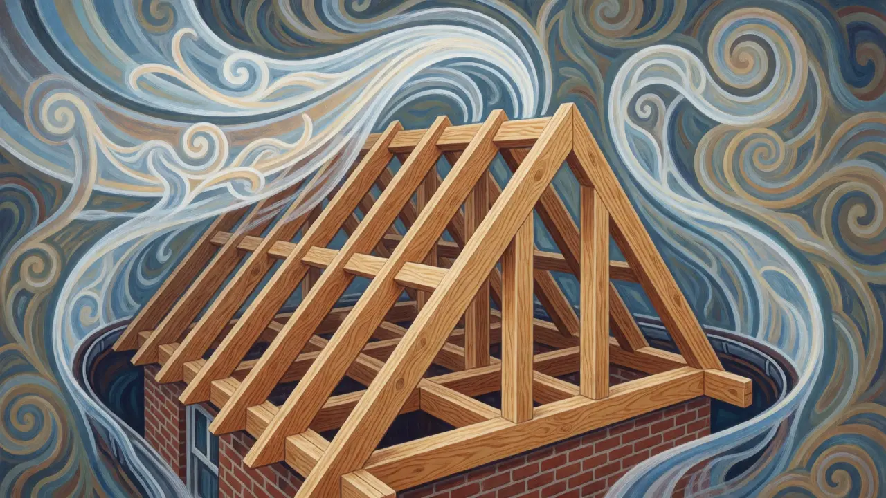 Illustration eines sanierten Dachstuhls mit frischem Holz und guter Belüftung