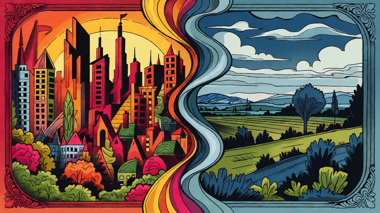 Illustration im Wes-Wilson-Stil mit Kontrast zwischen lebhafter Stadt und ruhigem Land.