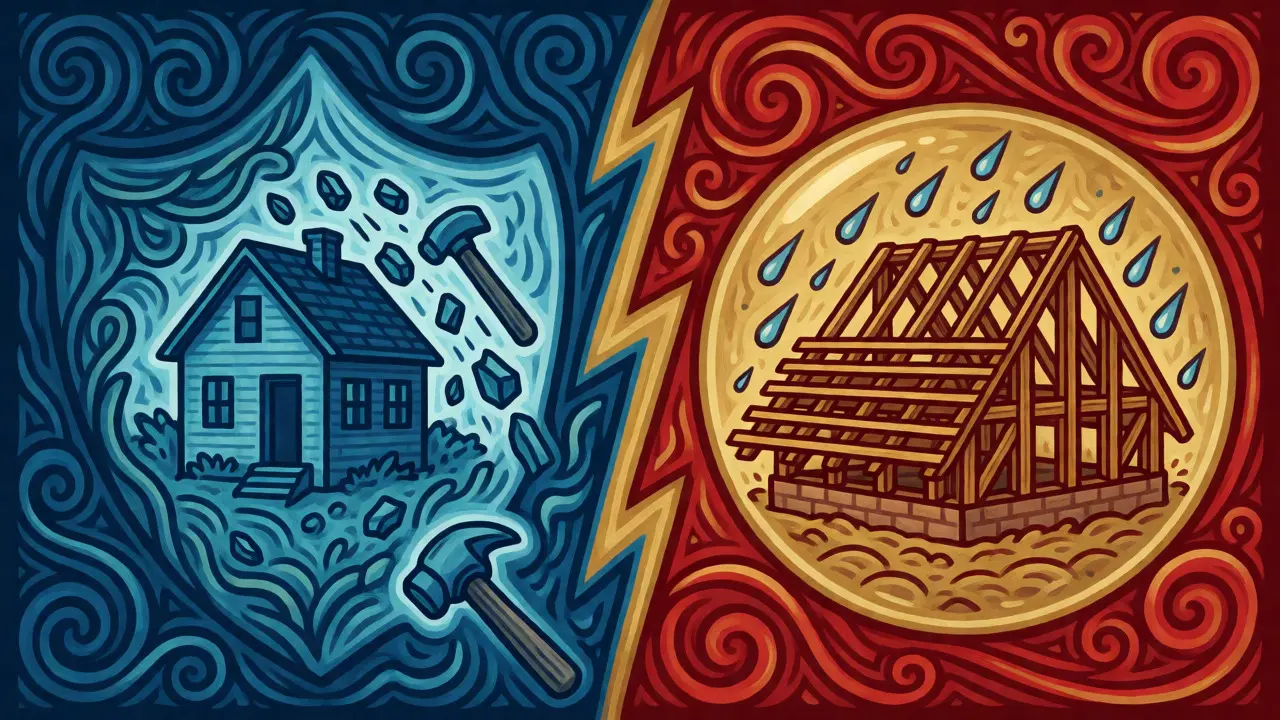 Illustration im Wes-Wilson-Stil vergleicht Haftpflichtschutz für Nachbarn und Sachschutz fürs Gebäude.