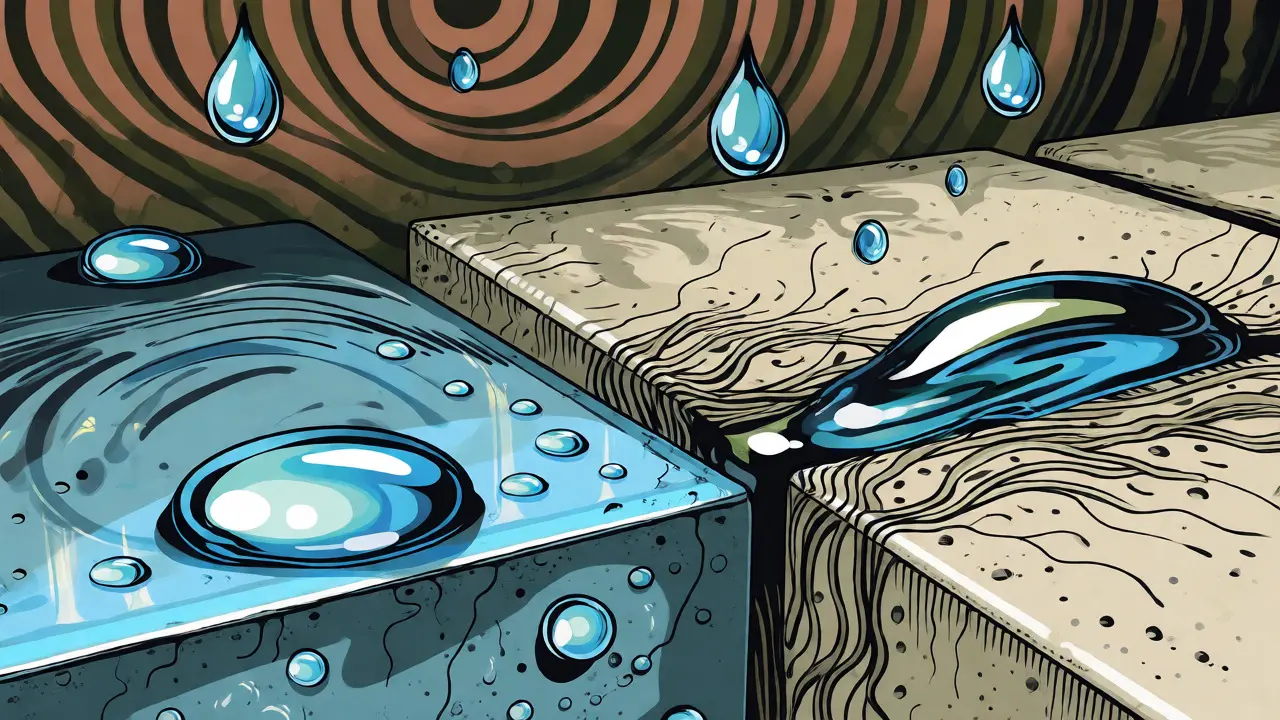 Illustration zeigt Wasserabweisung auf Epoxid vs. Fliesenfugen