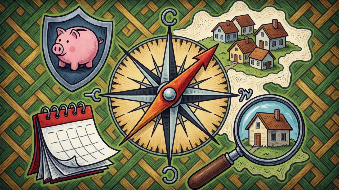 Kompass und Spar-Tipps für den Immobilienkauf in bunter Illustration