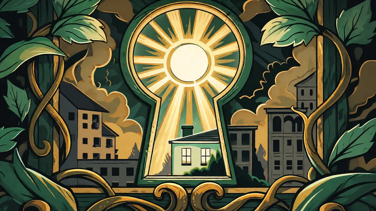 Künstlerische Darstellung von Energieeffizienz als leuchtendes Symbol im Hausrahmen.