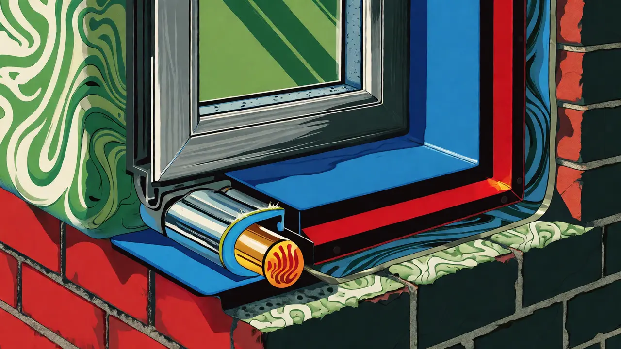 Querschnitt einer Altbauwand mit isoliertem Aluminiumfenster und Wärmeschutzschichten