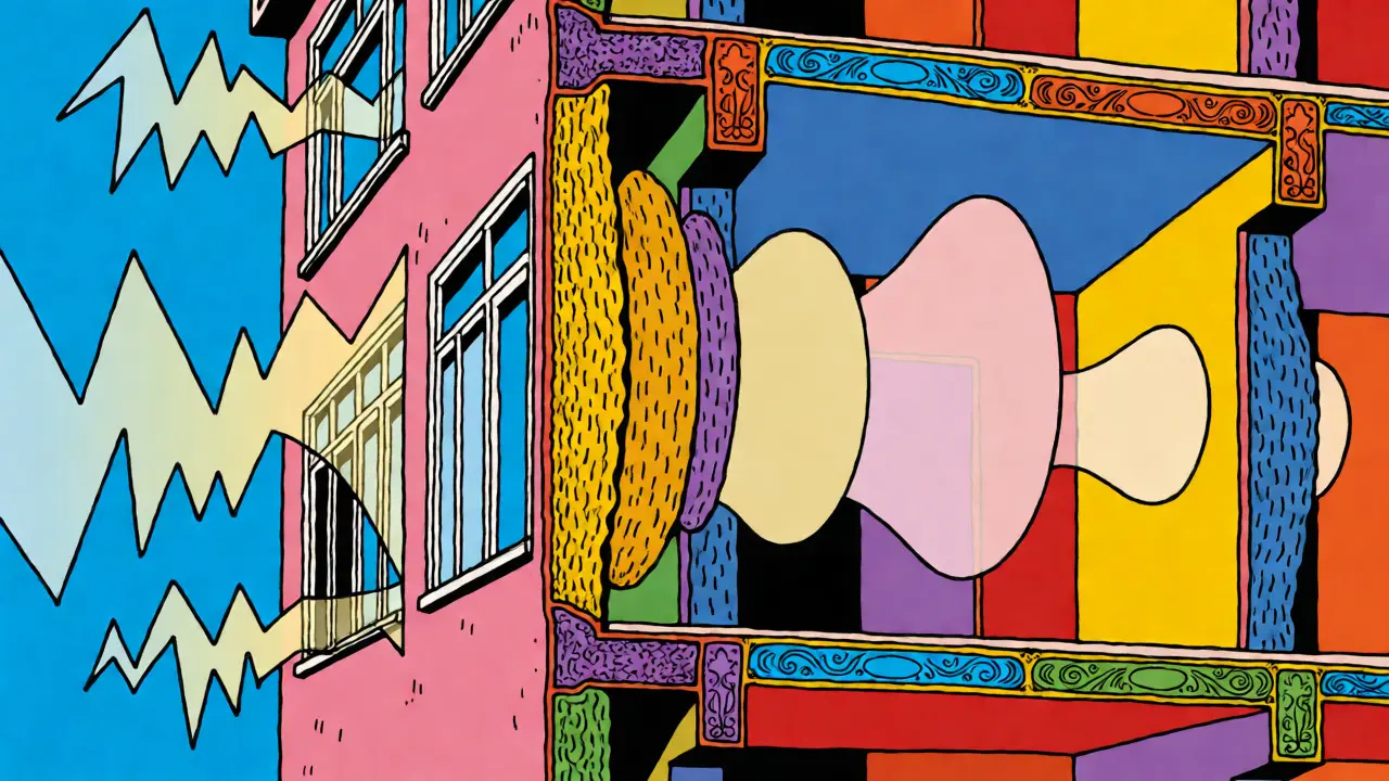 Querschnitt einer Wand mit schalldämmenden Schichten im Comic-Stil