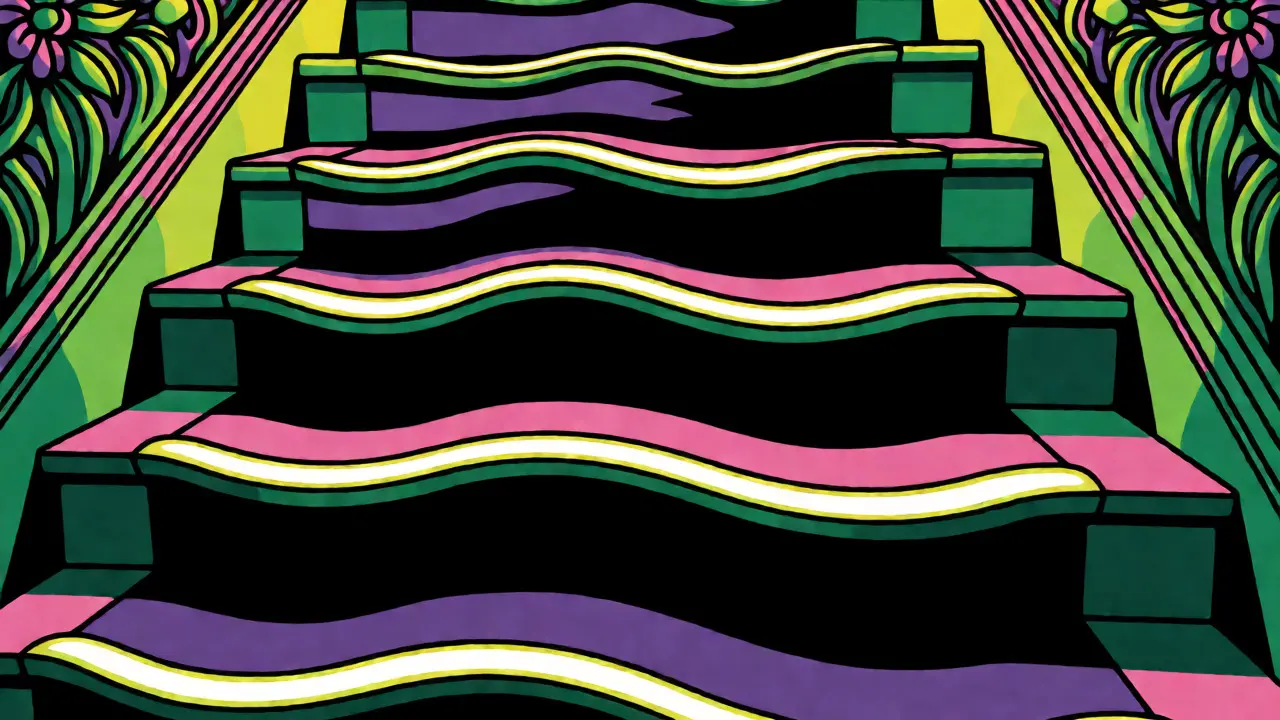 Stilisierte Treppe mit leuchtenden Antirutschstreifen im Wes-Wilson-Stil.