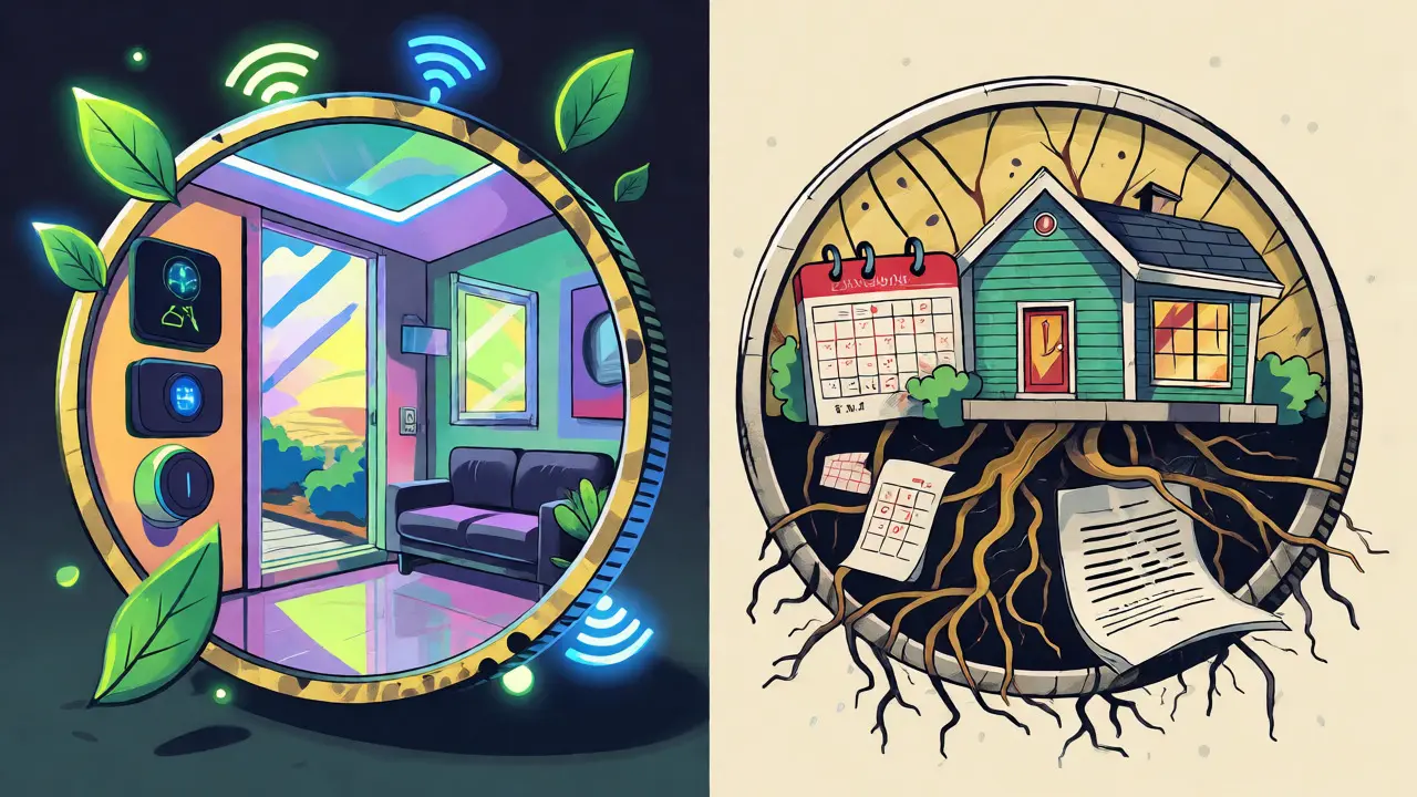 Visuelle Darstellung von Smart-Home-Vorteilen und versteckten Kosten