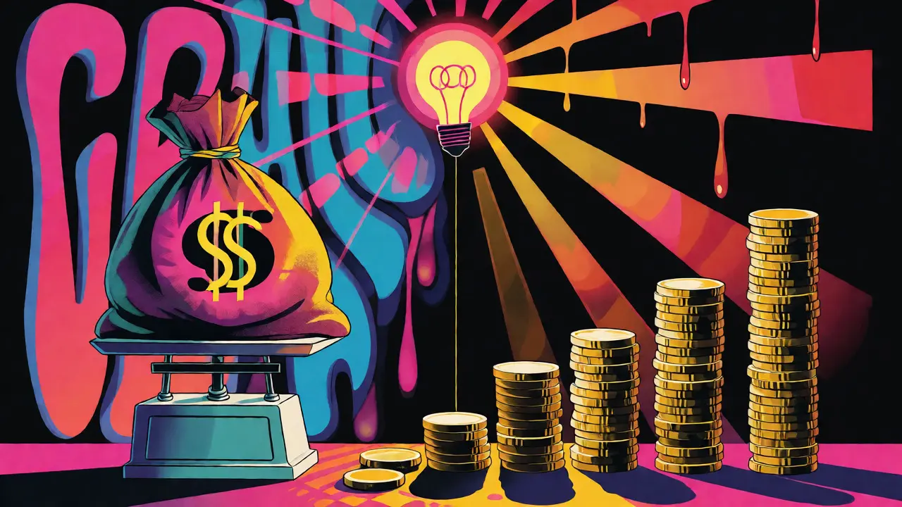 Abstrakte Darstellung von Investitionskosten und Energieeinsparungen als Waage im Comic-Stil