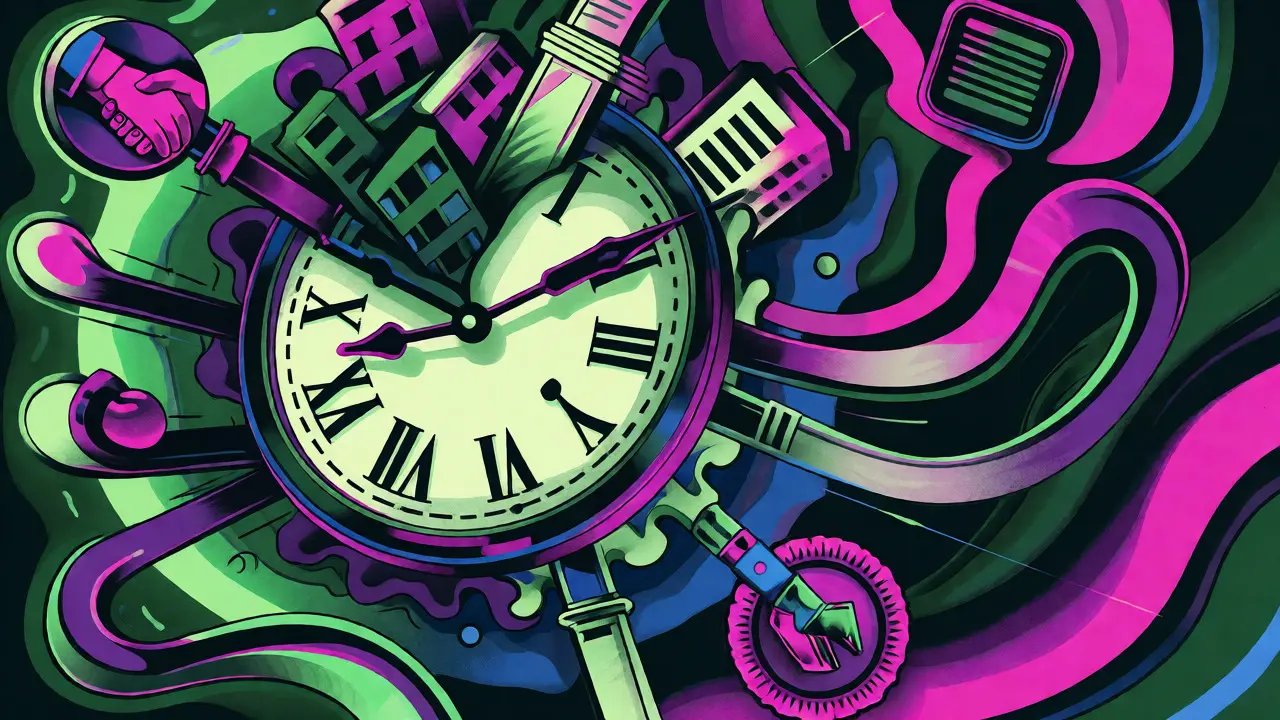 Abstrakte Uhr und Gebäude symbolisieren Zeitdruck bei Immobilienkauf