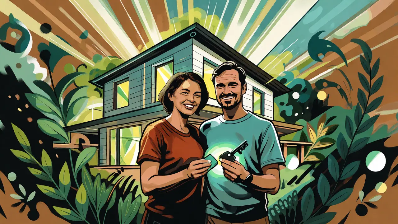 Ein glückliches Paar vor einem energieeffizienten Haus, umgeben von stilisierten grünen Elementen im psychedelischen Cartoon-Stil.