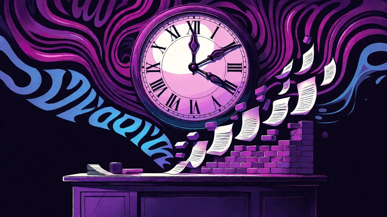 Eine Uhr und schwebende Dokumente, die zu einer Mauer werden, symbolisieren die zeitkritische Planung der Baufinanzierung.