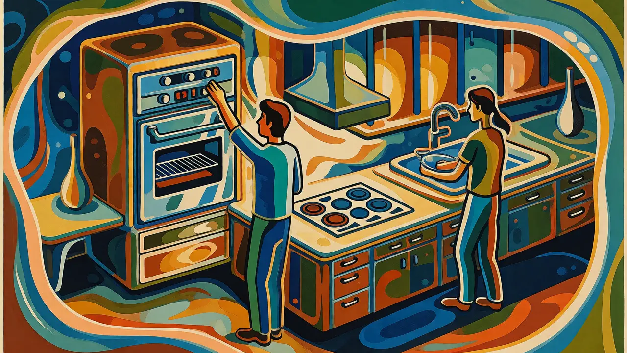 Ergonomische Küchenausstattung mit unterschiedlichen Höhen für Backofen, Spüle und Kochfeld im illustrierten Stil.