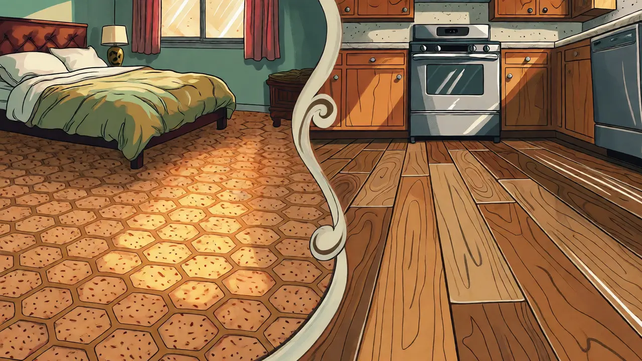 Illustration des Vergleichs zwischen gemütlichem Korkboden im Schlafzimmer und robustem Laminat in der Küche.