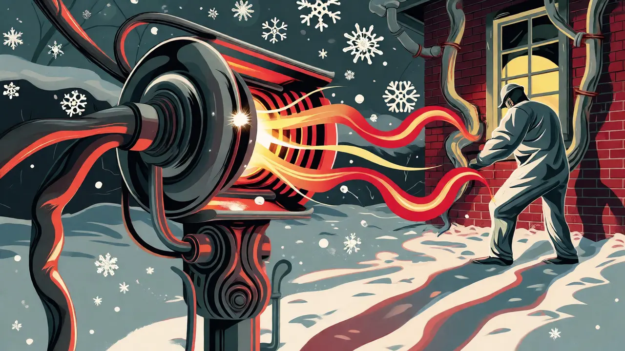 Illustration einer mobilen Gasheizung im Schnee im Retro-Stil
