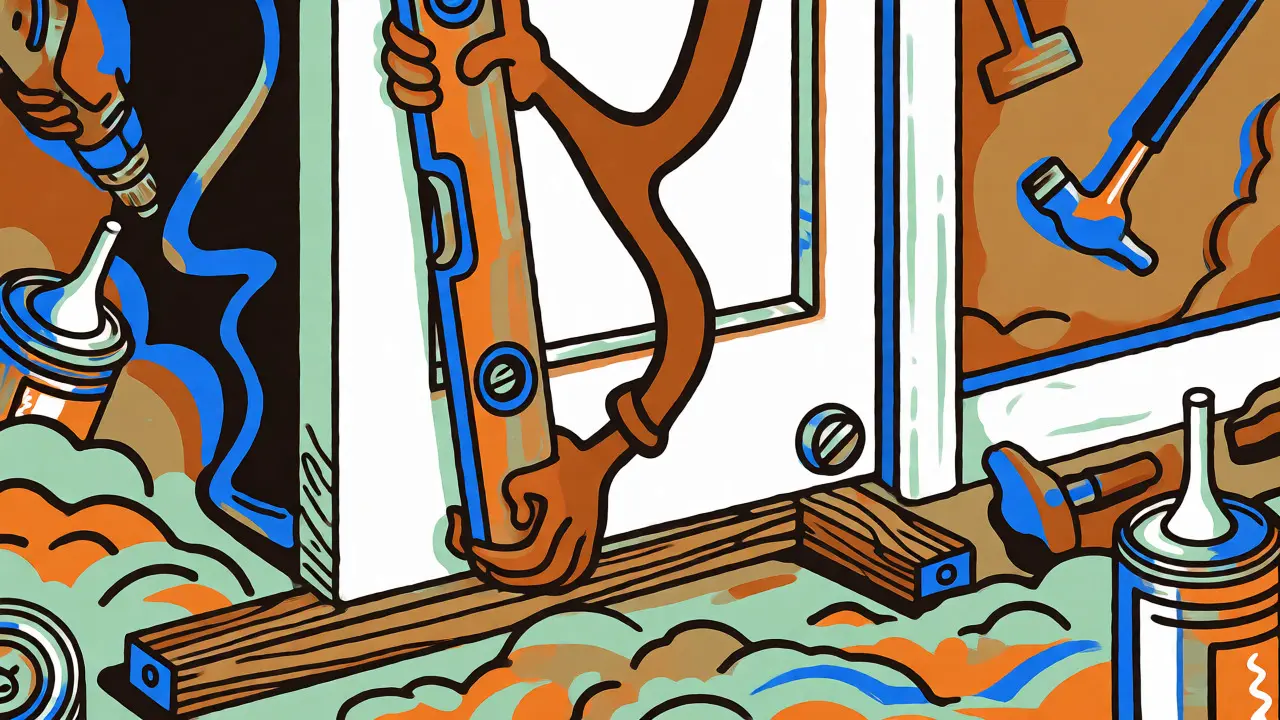 Illustration einer Person, die eine neue Türzarge mit Wasserwaage ausrichtet