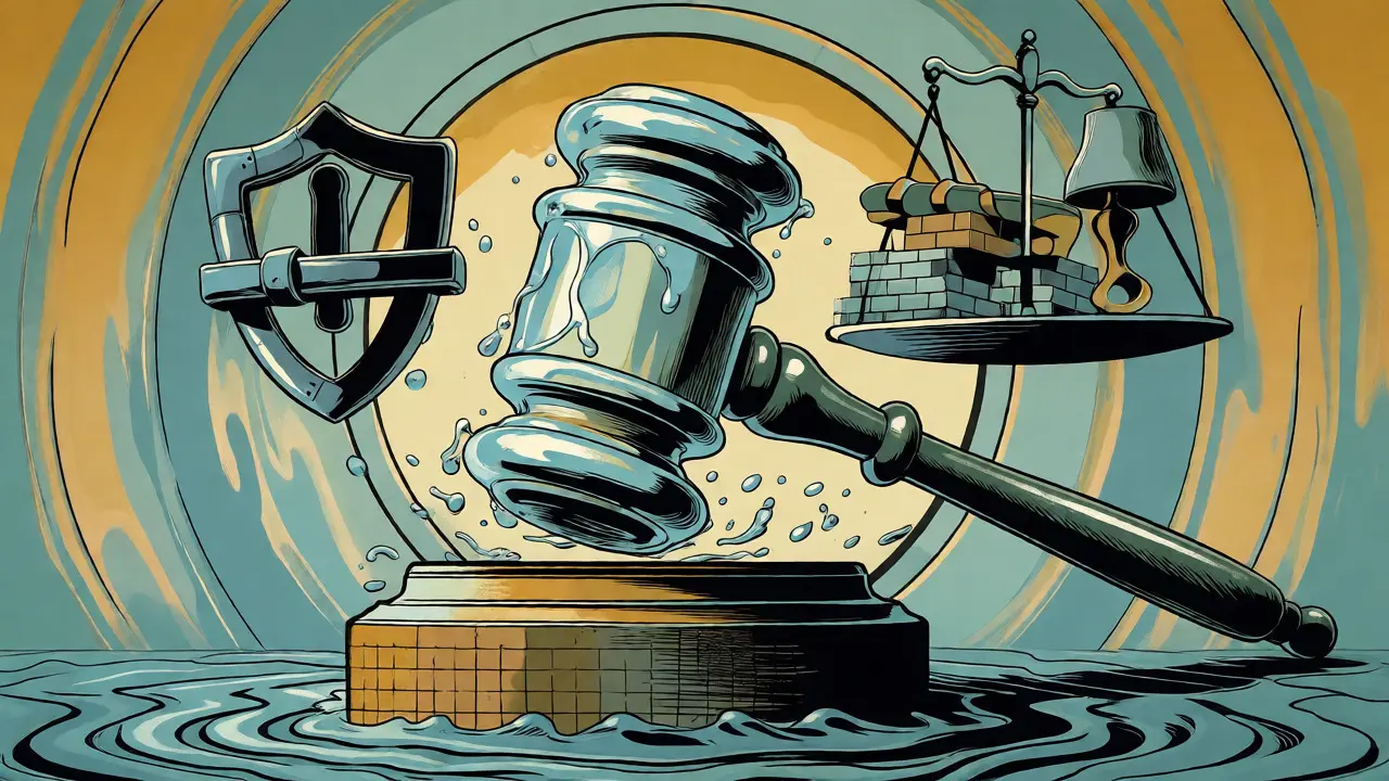 Illustration eines Wasser-Gavels auf Haussockel mit Symbolen für Recht und Versicherungsschutz.