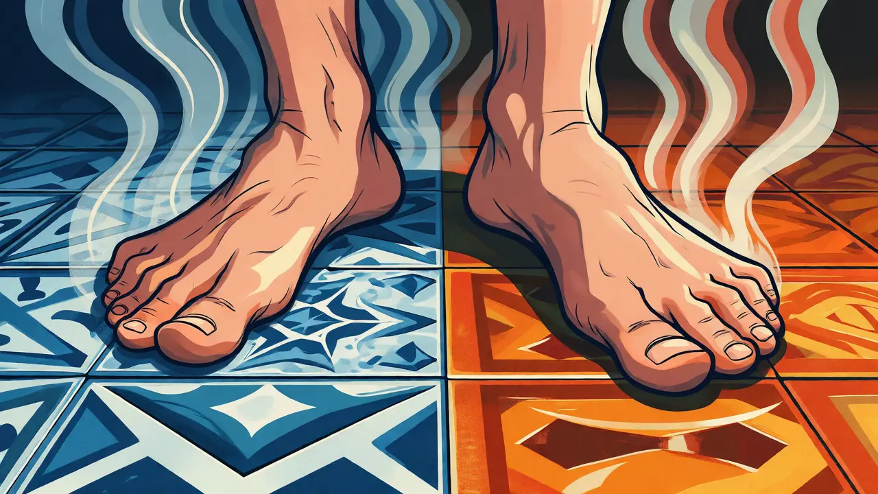 Illustration vergleicht kalte Fliesen und warme Böden unter bloßen Füßen.