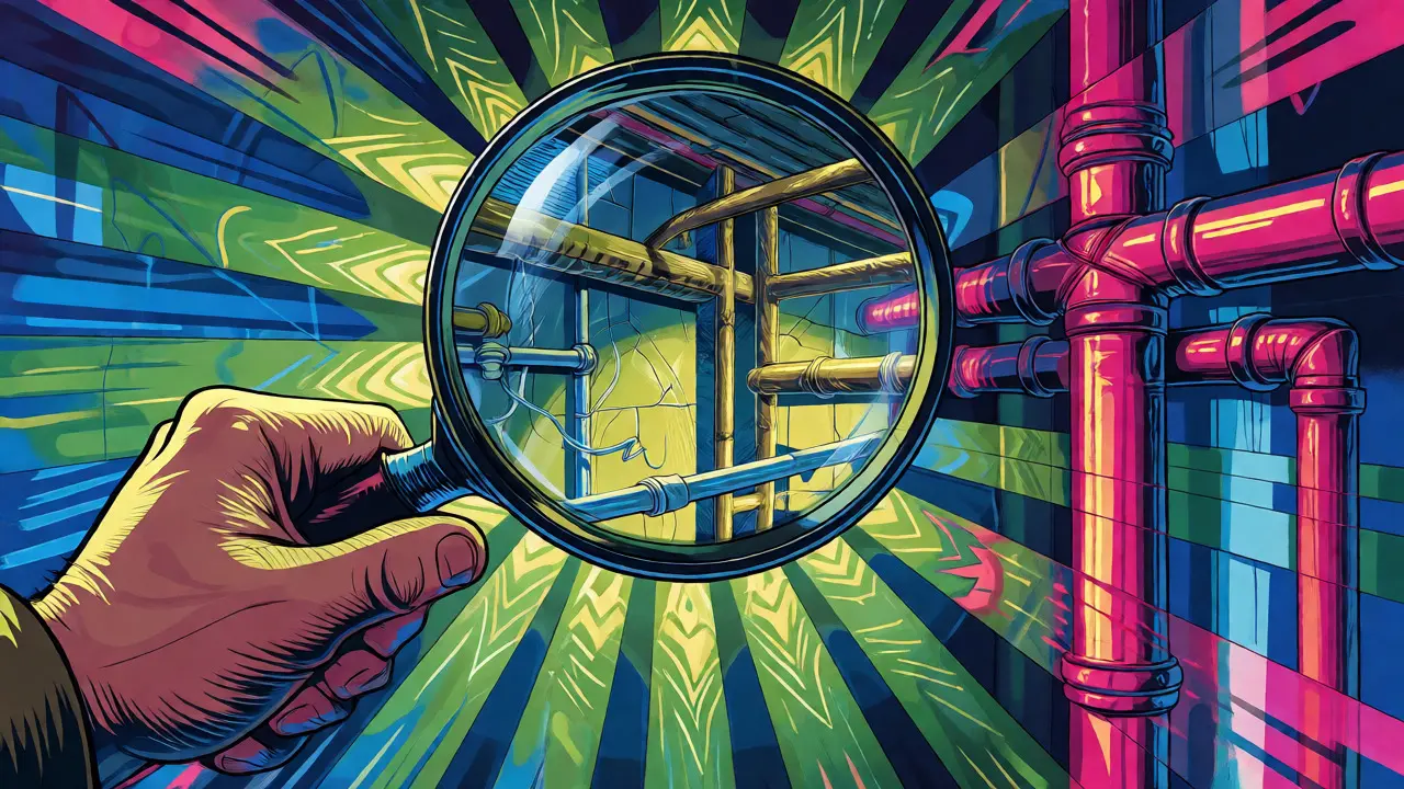 Nahaufnahme einer Lupe, die komplexe, leuchtende Strukturen in einer Wand im Retro-Psychedelic-Stil enthüllt.